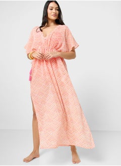 Buy V-Neck Printed Beach Dress in UAE