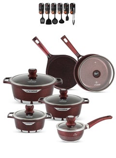 Buy Cookware Set 17 pieces - Cooking Pot and Pan set Aluminum, Granite Non Stick Coating PFOA FREE include Casseroles, Fry Pan, Crepe Pan, Sauce Pan, Kitchen Utensils (Red) in UAE