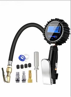 Buy Digital Tire Inflator Pressure Gauge Tire Deflator 200 PSI Air Chuck With Rubber Hose And Quick Connect Coupler in UAE