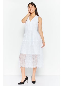 Buy Women Textured Midi Dress, White in UAE