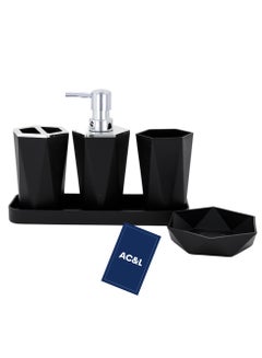 اشتري AC&L مجموعة إكسسوارات الحمام، مجموعة من 5 قطع من البلاستيك لعداد الحمام، موزع الصابون السائل، حامل فرشاة الأسنان، طبق الصابون، كوب كيو تيبس، صينية الزينة، منظم ديكور الحمام الحديث (أسود) في الامارات