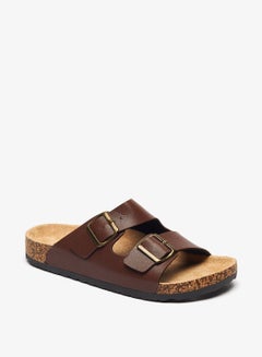 Buy Solid Slip On Sandals with Buckle Closure Brown in UAE