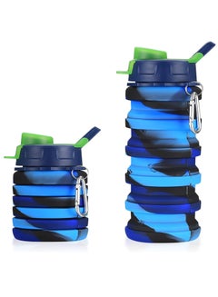 Buy Sports Water Bottle, Collapsible Travel Sports Portable Leak Proof Water Bottle comes with mountaineering Buckle, 500ml silicone Water-proof camping water bottle(Camouflage Blue) in Saudi Arabia