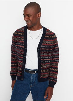 Buy Navy Blue Slim Fit V-Neck Jacquard Knitwear Cardigan TMNAW20HI0029 in Egypt