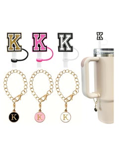 اشتري 3PCS Straw Cover 10mm For Tumbler Cup Reusable Straw Cap Topper and 3 Initial Letter Charms K Handle Charm For 30 and 40 Oz Cup Tumbler في السعودية