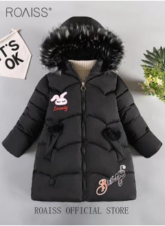 Buy Children's Soft and Skin-Friendly Mid-Length Winter Coat with Fleece and Fur Collar—Solid Color Down Jacket with Simple Design and Zip Featuring Cartoon Pattern in UAE