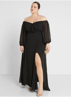 Buy Off Shoulder Side Slit Fit & Flare Dress in Saudi Arabia