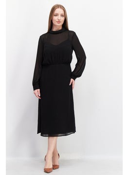 Buy Women Long Sleeve Plain Casual Midi Dress, Black in UAE