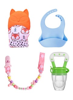 اشتري 4-Piece Baby Silicone Feeding Accessories Bib Pacifier Clip Chain Teething Pacifier Glove Food Feeder في الامارات