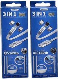 اشتري Remax rc-169th 3in1 magnetic fast charging and data transmission lightning, micro and type-c cable with 2.1a output 1000mm set of 2 pieces - white في مصر