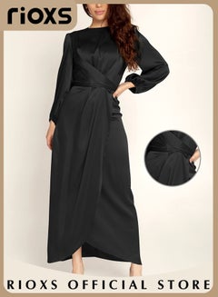Buy Women's Fashion Stain Maxi Dress Elegant Long Sleeve Bodycon Dress Formal Party Dress with Cross Strap Design in Saudi Arabia