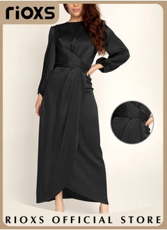 Buy Women's Fashion Stain Maxi Dress Elegant Long Sleeve Bodycon Dress Formal Party Dress with Cross Strap Design in UAE