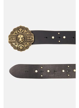 Buy Women Textured Lion Buckle Leather Belt, Black in Saudi Arabia