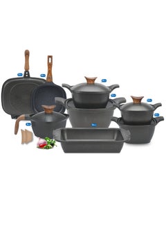 Buy Korean design granite set, 14 s, square, Neoklien (4 pot + casserole + double grill + frying pan + milkshake) - Neoklien - Black in Egypt