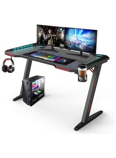 Buy Z Shaped Large PC Computer Gaming Desk Table with RGB LED Lights Cup Holder And Headset Hook in UAE