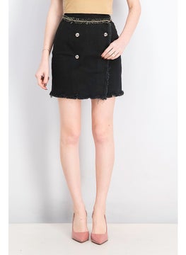 Buy Women Plain Side Button Down Denim Pencil Skirt, Black in Saudi Arabia