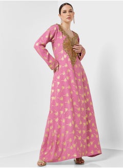 Buy Embellished V- Neck Jalabiya in UAE