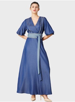 Buy Surplice Neck Belted Dress in UAE