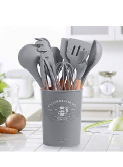 Buy Nonstick 11 Pcs Silicone Kitchen Utensils Set With Wooden Handle and Storage Bucket - Silicone Cooking Utensils Set For Effortless Culinary Creations (Gray) in UAE
