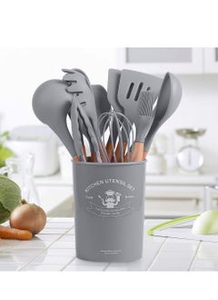 Buy Nonstick 11 Pcs Silicone Kitchen Utensils Set With Wooden Handle and Storage Bucket - Silicone Cooking Utensils Set For Effortless Culinary Creations (Gray) in UAE