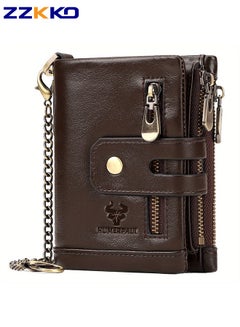 Buy New Men's Genuine Leather Wallet RFID Crazy Horse Leather Large Capacity Card Holder With Zipper Retro Multifunctional Short Multi-Layered Coin Purse in Saudi Arabia