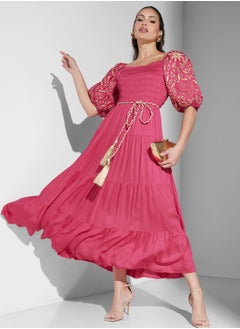 Buy Balloon Sleeve Ruched Belted Dress in UAE