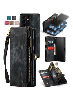 Buy Protective Phone Cover Case Wallet Case For Samsung Galaxy S21 Ultra, 2 in 1 Detachable Premium Leather Magnetic Zipper Pouch Wristlet Flip Phone Case (Black) in UAE