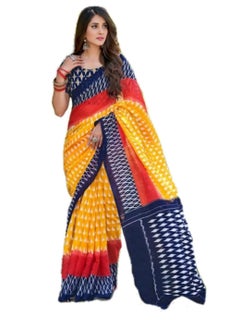 Buy Cotton Yellow Blue Color Ikat Printed Saree With Unstitched Blouse in UAE