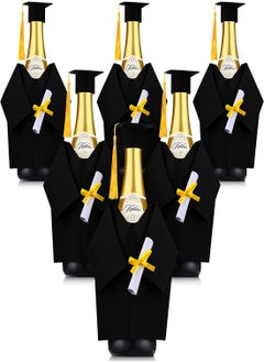 اشتري Graduation Wine Coat Bottle Covers Sets, 6 Sets Mini Black Graduation Gown and Cap Felt Wine Gift Bag Bulk with Tassels Suit, Wine Bottle Cover for Wine or Champagne Bottle, Graduation Party  Decor في السعودية