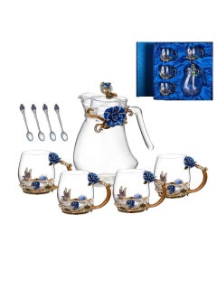 Buy Handmade Creative waterJug set 1300ml Enamel coloured water Jug with cup and Spoon-crystal gift coffee jug-tea jug set with Fancy butterfly and Flower Glass,Small(Blue) in UAE