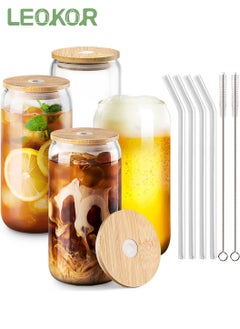 اشتري 4 Pcs 16OZ Can Shaped Glass Cups With Cover And Straw,Travel Coffee Mug Set with Cleaning Brushes في السعودية