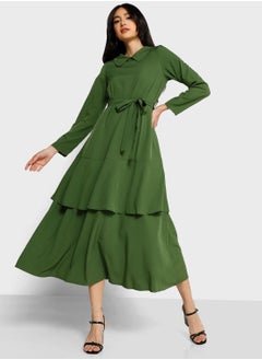 Buy Soft Collar Layer Detail Belted Dress in Saudi Arabia