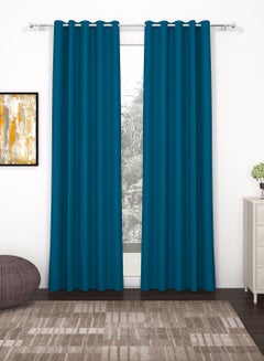 Buy Blackout Curtain, Superior Faux Silk Plain Solid 2 Piece Door Curtains,7 Feet, Navy Blue in UAE