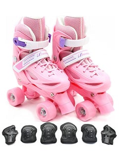 Buy Roller Skates Adjustable Size Double Row 4 Wheel Skates Children Skates for Boys And Girls Including Protective Gear Knee Elbow Wrist Pink Colour in UAE