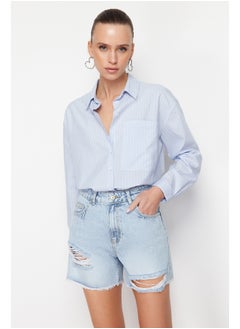 Buy Blue Ripped High Waist Denim Shorts TWOSS24SR00132 in Egypt