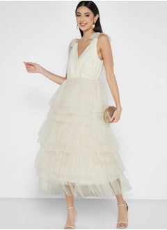 Buy Surplice Neck Ruffle Detail Dress in Saudi Arabia