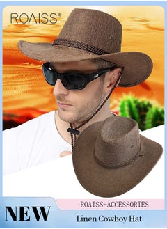 اشتري Men's Summer Linen Cowboy Hat, Lightweight and Breathable Wide Brim Sun Hat with Adjustable Windproof Rope for Outdoor Beach Climbing في الامارات