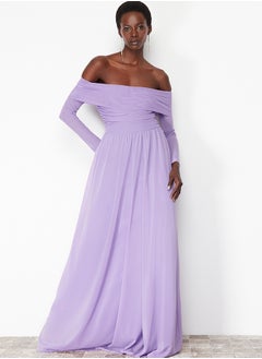 اشتري Lilac A-Cut Carmen Neckline Knitted Tulle Long Evening Evening Dress TPRSS24AE00068 في مصر