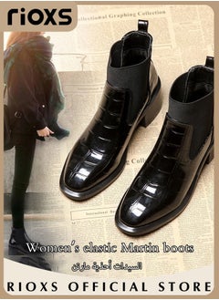 Buy Women's Chelsea Ankle Short Boots Patent Leather Solid Color Mid Heel Boots in Saudi Arabia