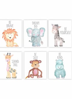 Buy Wall Decor, Jungle Safari Animal Unframed, Woodland Animals Art Print Adorable Lion Elephant Giraffe Monkey Zebra Hippo Paintings, Set of 6（21cm x 30cm) Kids Room in Saudi Arabia