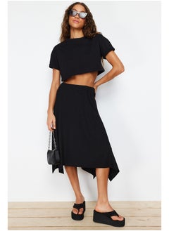 Buy Black Ruffle Asymmetrical High Waist Midi Stretch Knitted Skirt TWOAW20ET0440 in Egypt