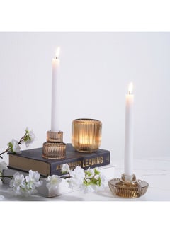 اشتري Arthur Glass Double sided Taper and Tealight Ribbed Candle Holders Dia6x6.5cm- Amber في الامارات