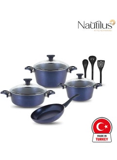 Buy Cookware set 10 Piece Granite Coating Non-Stick Cookware Set | 24cm,20cm Deep pot With Glass Lid | 26cm Low pot With Glass Lid | 26cm Fry Pan | 3 Pcs Nylon Serving Tools in UAE