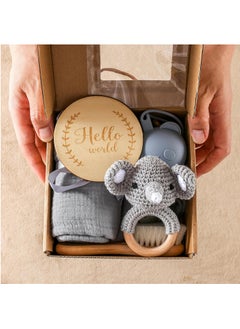 اشتري New Born Baby Gift Baskets Baby Boy Shower Gifts Set,Newborn Essentials Stuffers Baby Bath Set with Muslin Blanket, Drool Towel, Wood Brush & Rattle,Welcome Baby Gift Basket Loveys Box for Babies,Moms في السعودية