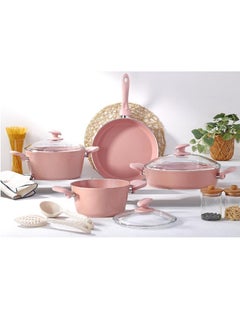 اشتري 9-Piece Hella Cookware Set - Tempered Glass Lids - 2 Deep Pots - 1 Low Pot - 1 Frypan - 1 Scoop - 1 Spatula - Non-Stick Ceramic Surface - PFOA Free - Pink في الامارات