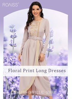 Buy Maxi Dress for Women Long Sleeve Dress Waist Belt Asymmetric Neck Casual Loose Floral Print Long Dresses Embroidered Lace Beaded Flared Sleeve Lace-up Long Dress Black in UAE