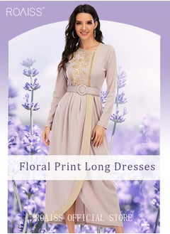 اشتري Maxi Dress for Women Long Sleeve Dress Waist Belt Asymmetric Neck Casual Loose Floral Print Long Dresses Embroidered Lace Beaded Flared Sleeve Lace-up Long Dress Black في السعودية