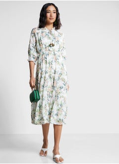 Buy Ruched Waist Floral Print Dress in UAE