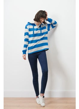 اشتري Women Hooded Long Sleeves Stripe Sweatshirt, Blue/White في الامارات