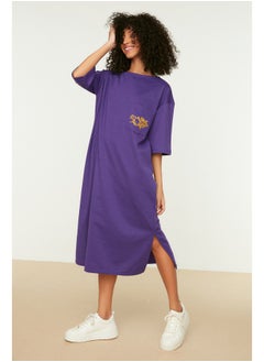 Buy Purple Embroidered Relaxed/Casual Cut Crewneck Midi Knitted Dress TWOSS21EL0175 in Egypt